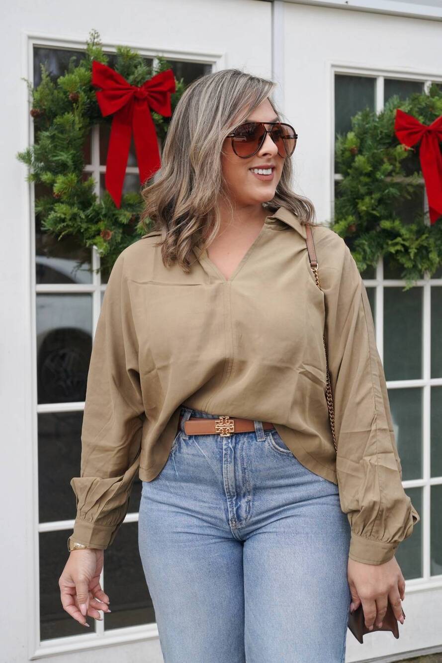 NEW ALLIE ROSE evergreen collared top in beige